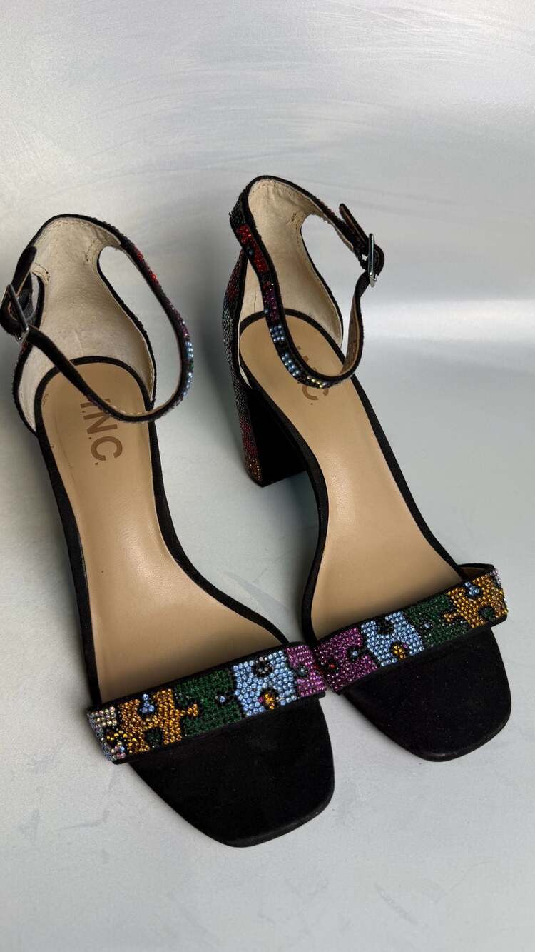 INC Womens Black Puzzle Ankle Strap Rhinestone Lexini Square Toe Block Heel 6